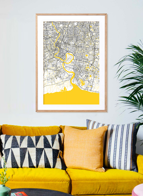 Map print above sofa